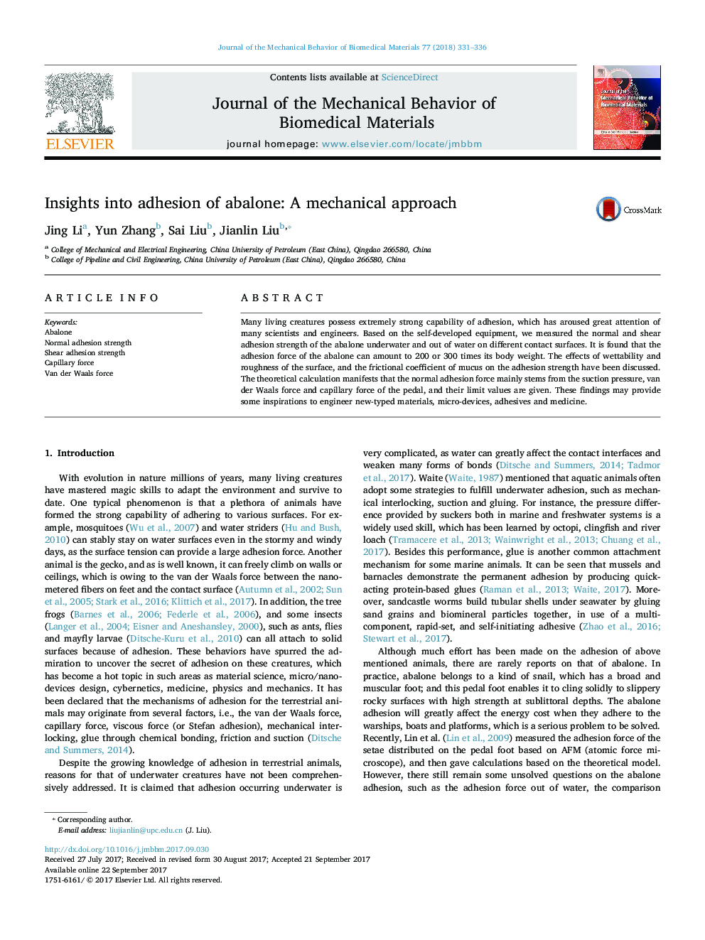 Insights into adhesion of abalone: A mechanical approach