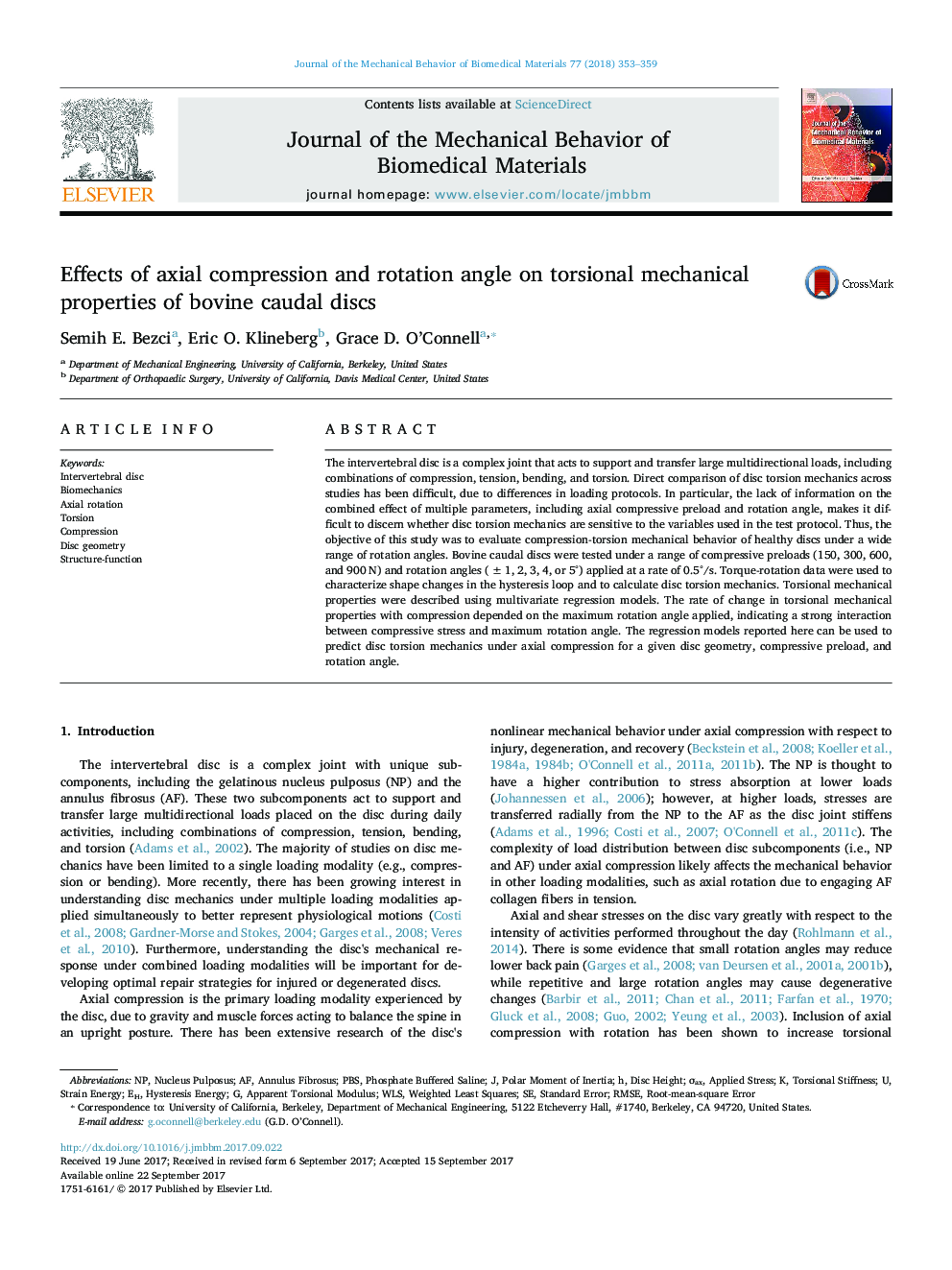 Effects of axial compression and rotation angle on torsional mechanical properties of bovine caudal discs