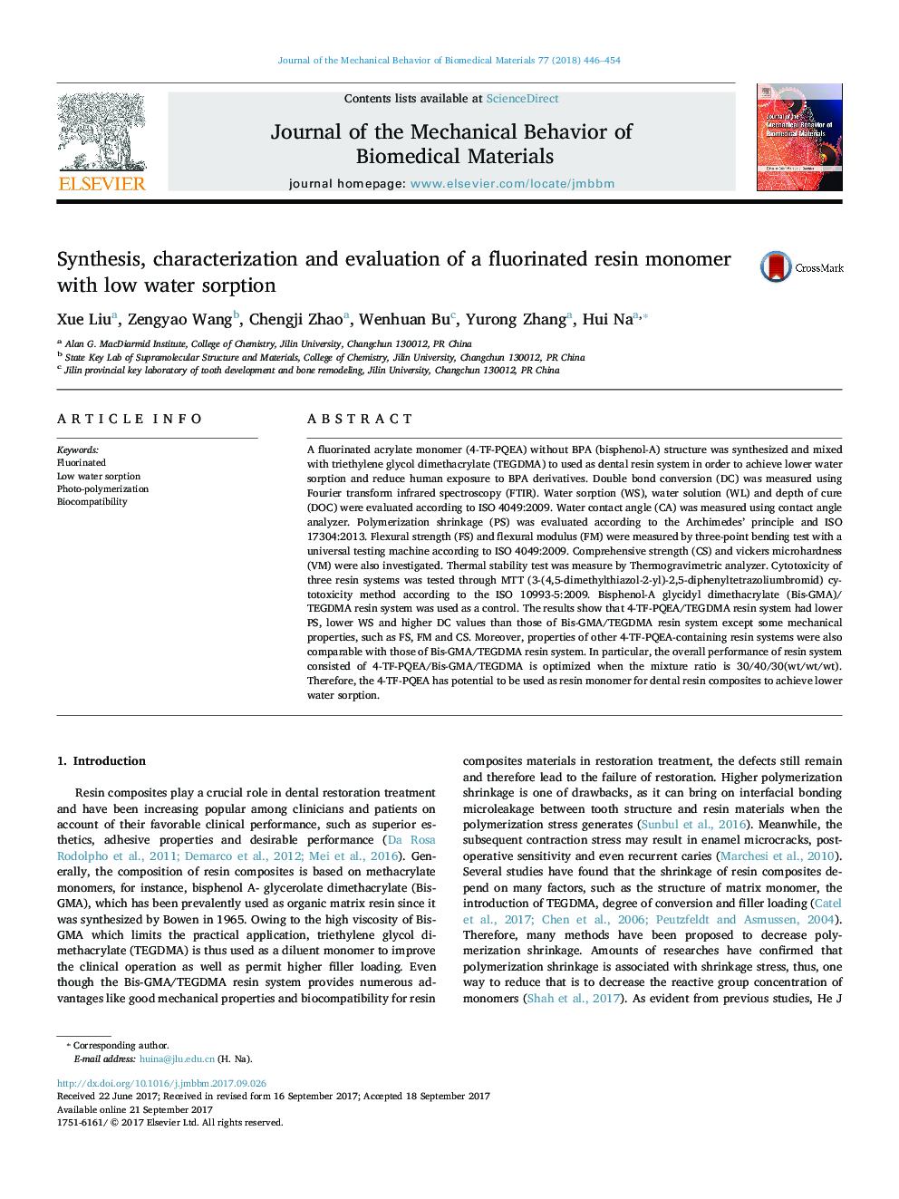 Synthesis, characterization and evaluation of a fluorinated resin monomer with low water sorption