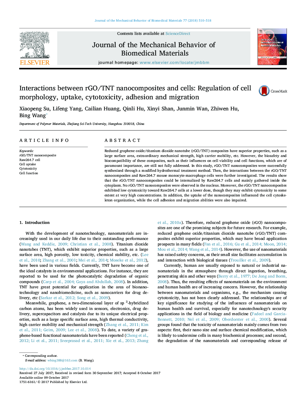 Interactions between rGO/TNT nanocomposites and cells: Regulation of cell morphology, uptake, cytotoxicity, adhesion and migration