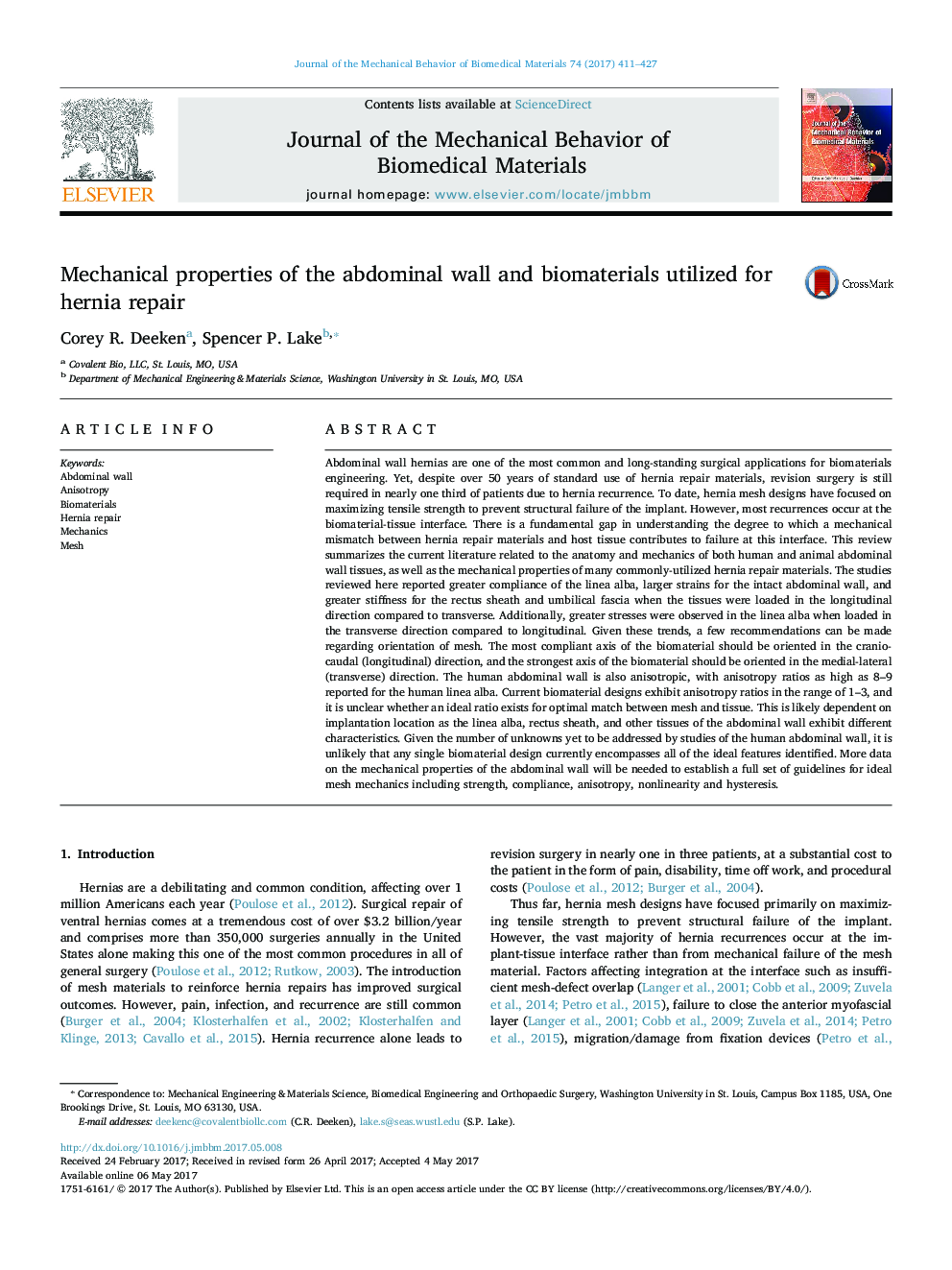 Mechanical properties of the abdominal wall and biomaterials utilized for hernia repair