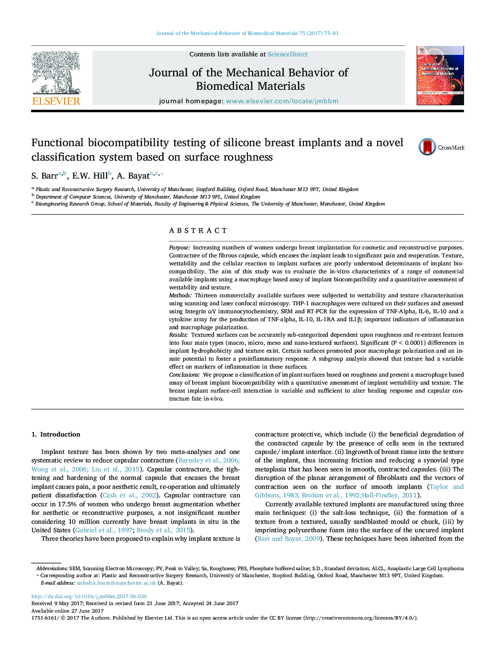 Functional biocompatibility testing of silicone breast implants and a novel classification system based on surface roughness