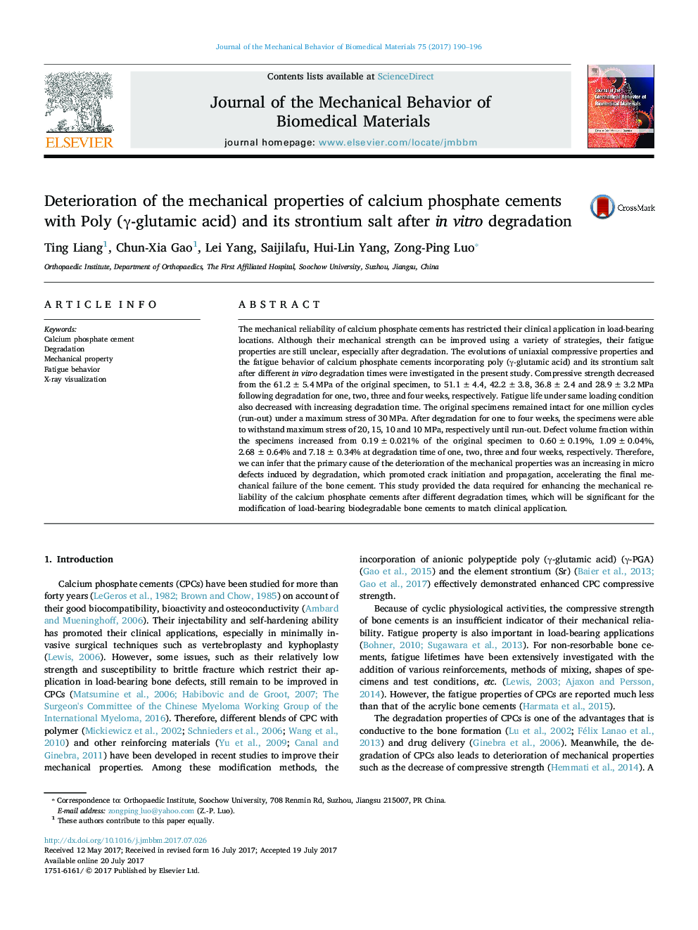 Deterioration of the mechanical properties of calcium phosphate cements with Poly (Î³-glutamic acid) and its strontium salt after in vitro degradation