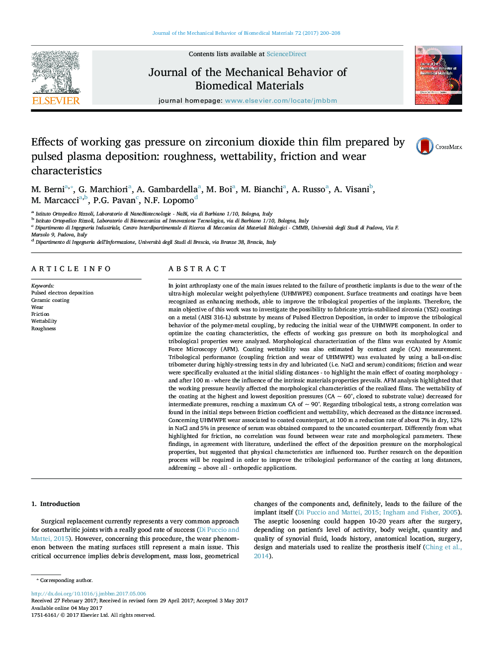 Effects of working gas pressure on zirconium dioxide thin film prepared by pulsed plasma deposition: roughness, wettability, friction and wear characteristics