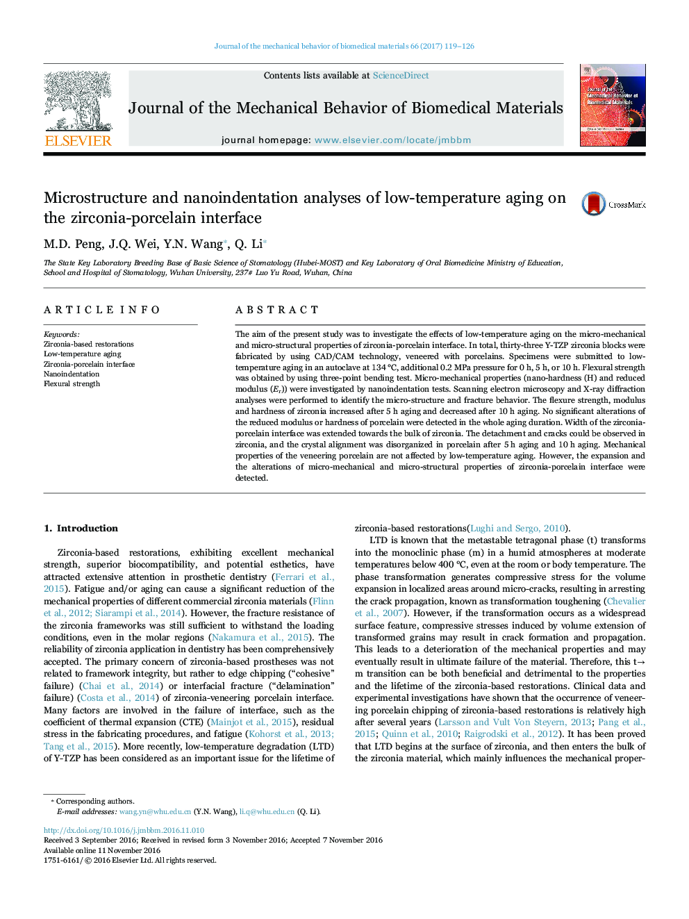 Microstructure and nanoindentation analyses of low-temperature aging on the zirconia-porcelain interface