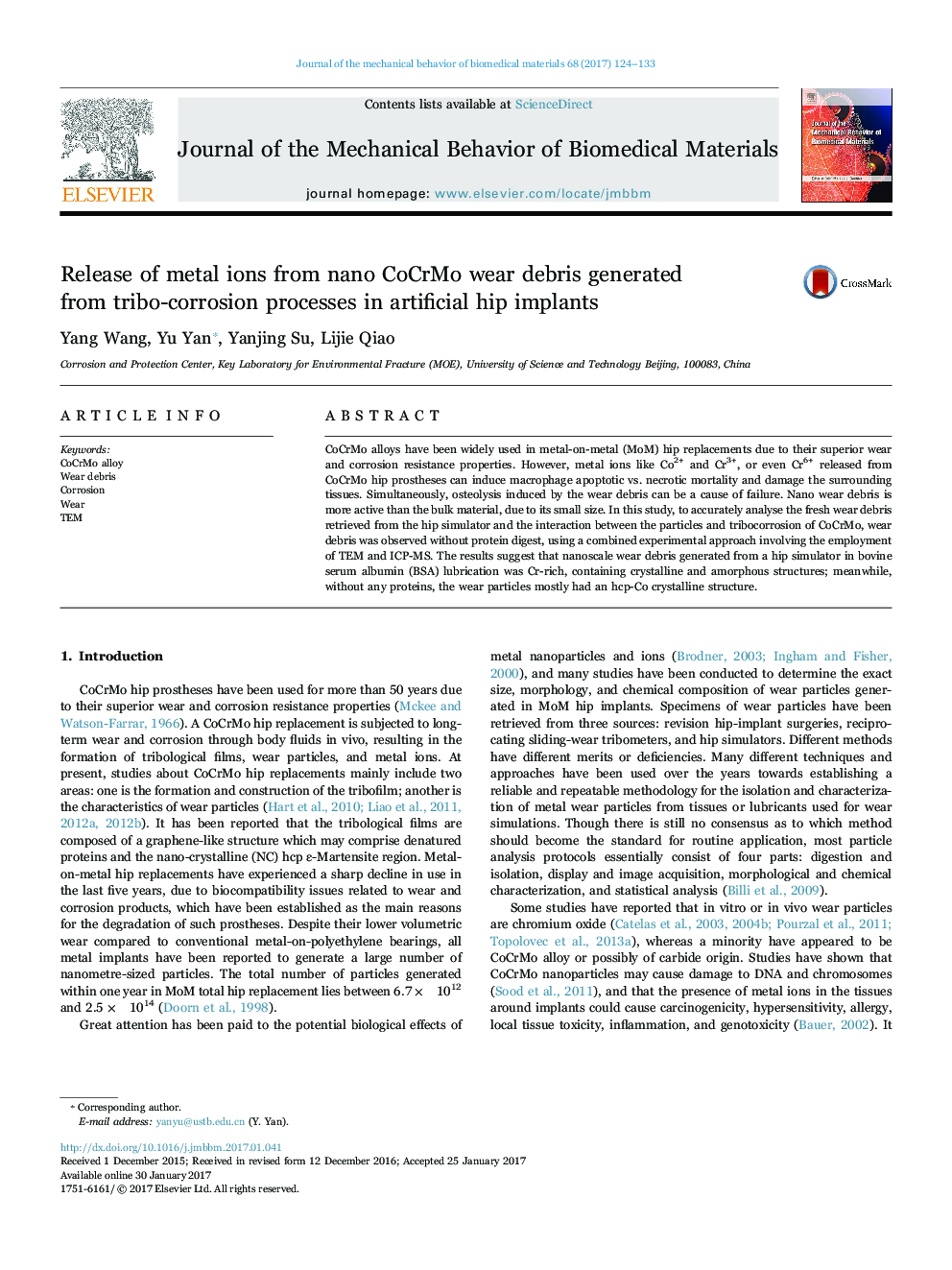 Release of metal ions from nano CoCrMo wear debris generated from tribo-corrosion processes in artificial hip implants