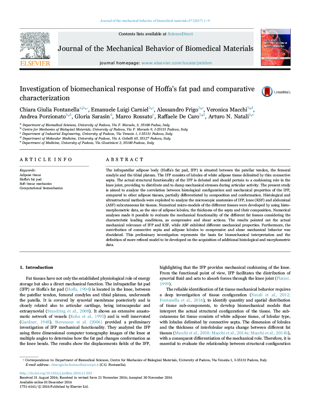 Investigation of biomechanical response of Hoffa's fat pad and comparative characterization