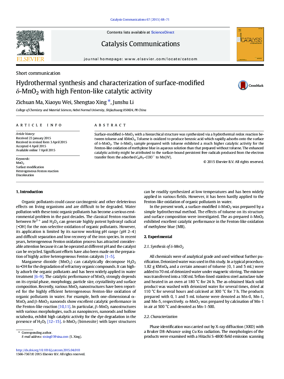 Hydrothermal synthesis and characterization of surface-modified δ-MnO2 with high Fenton-like catalytic activity