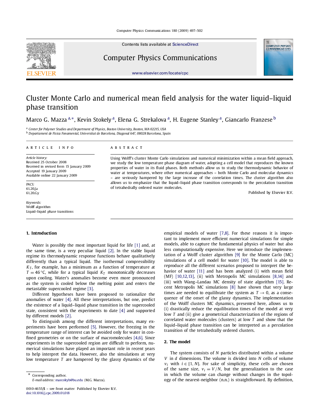 Cluster Monte Carlo and numerical mean field analysis for the water liquid–liquid phase transition