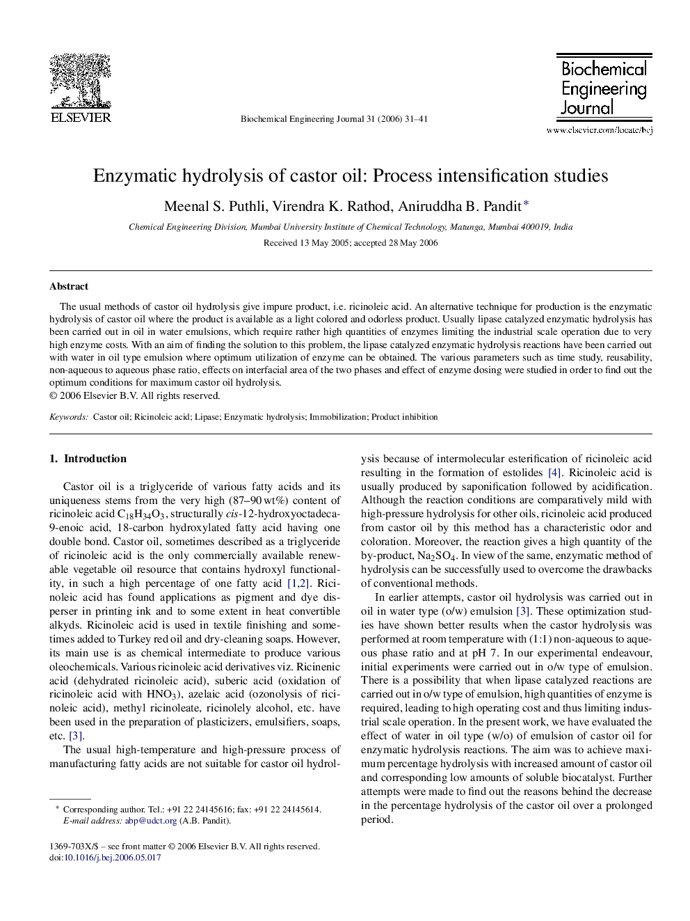 Enzymatic hydrolysis of castor oil: Process intensification studies