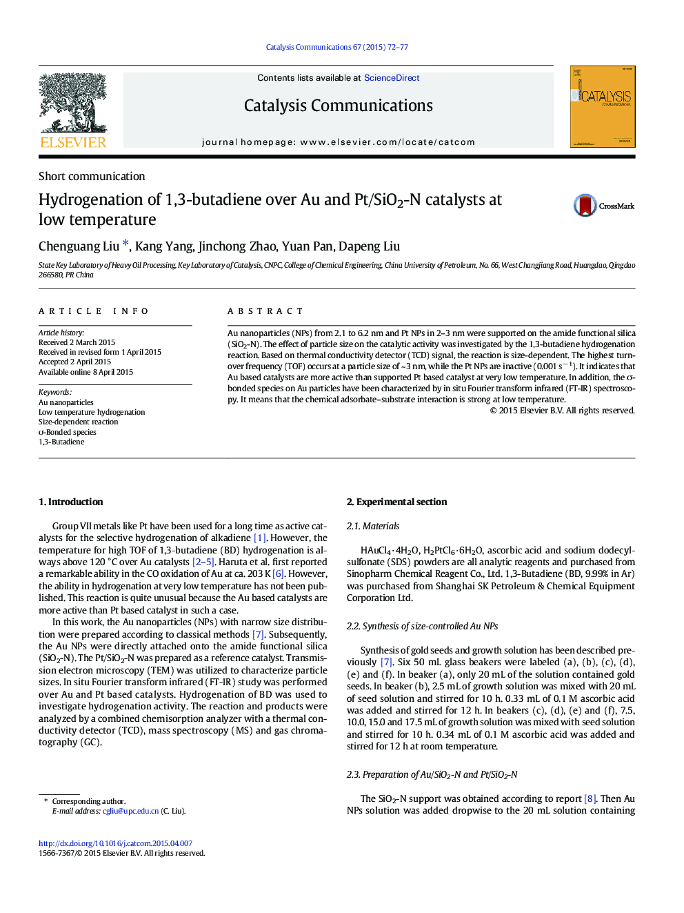 Hydrogenation of 1,3-butadiene over Au and Pt/SiO2-N catalysts at low temperature