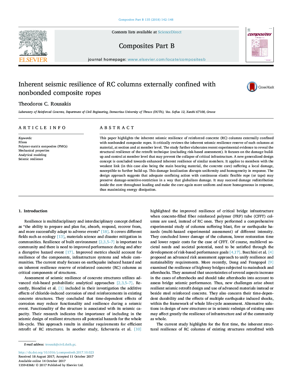 Inherent seismic resilience of RC columns externally confined with nonbonded composite ropes