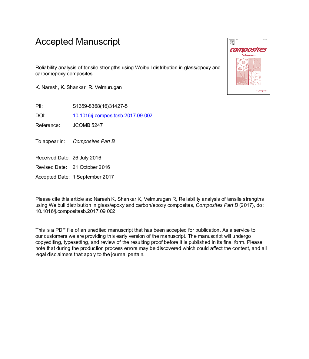 Reliability analysis of tensile strengths using Weibull distribution in glass/epoxy and carbon/epoxy composites