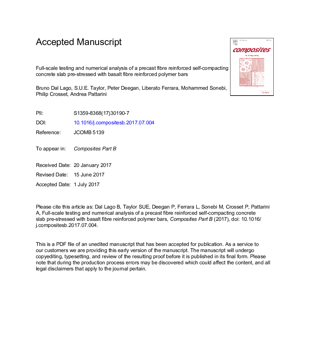 Full-scale testing and numerical analysis of a precast fibre reinforced self-compacting concrete slab pre-stressed with basalt fibre reinforced polymer bars