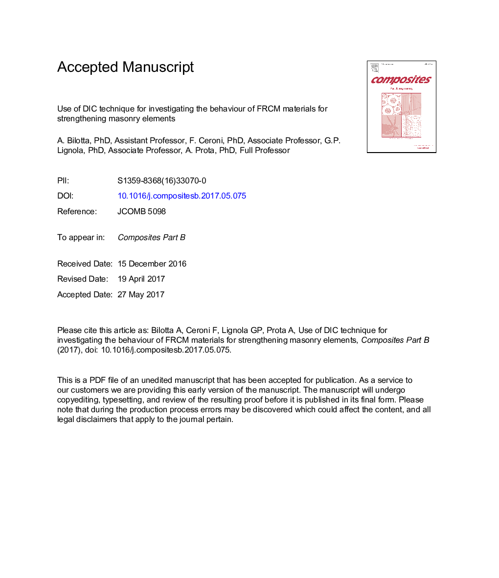 Use of DIC technique for investigating the behaviour of FRCM materials for strengthening masonry elements