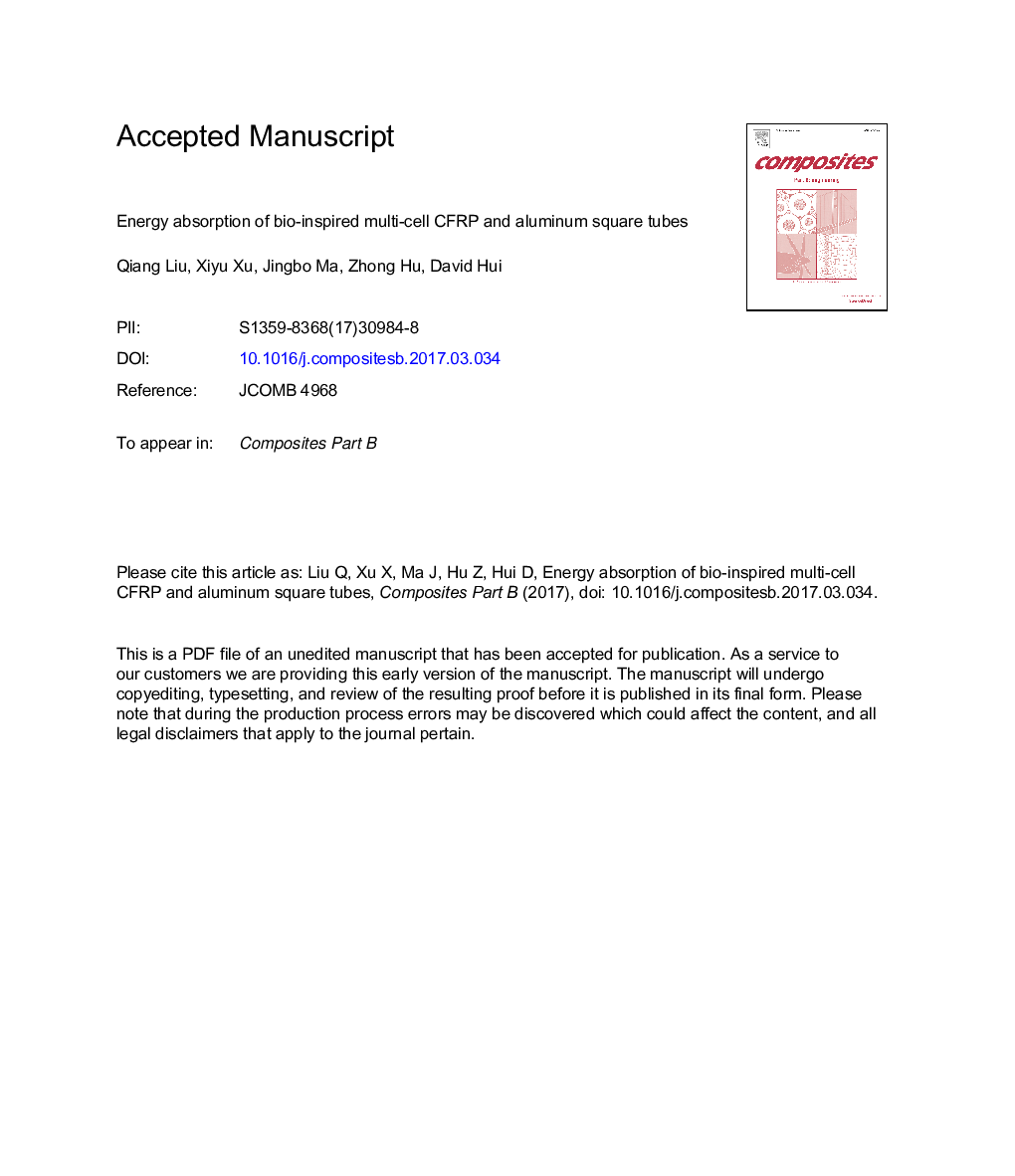 Energy absorption of bio-inspired multi-cell CFRP and aluminum square tubes