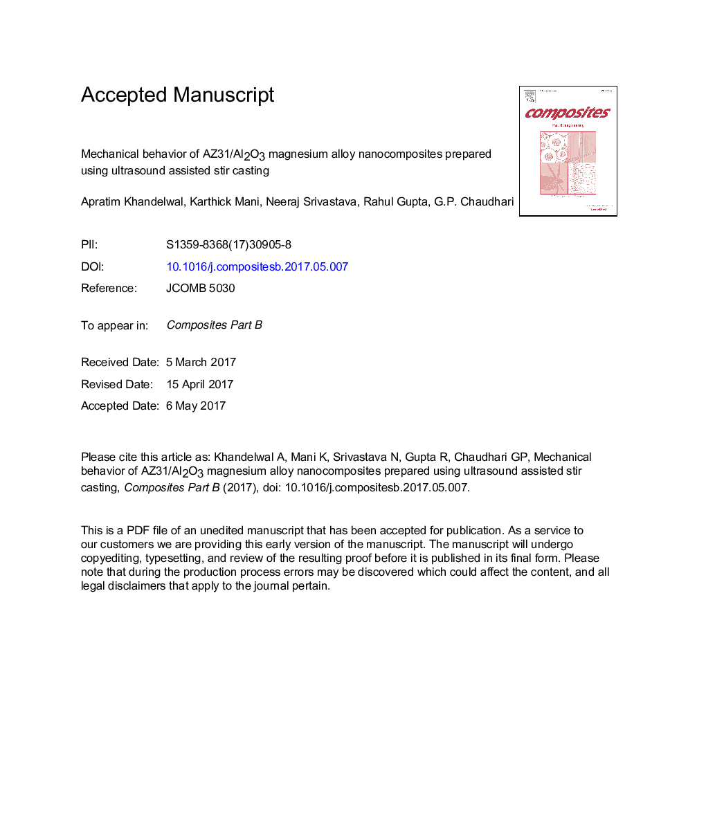 Mechanical behavior of AZ31/Al2O3 magnesium alloy nanocomposites prepared using ultrasound assisted stir casting