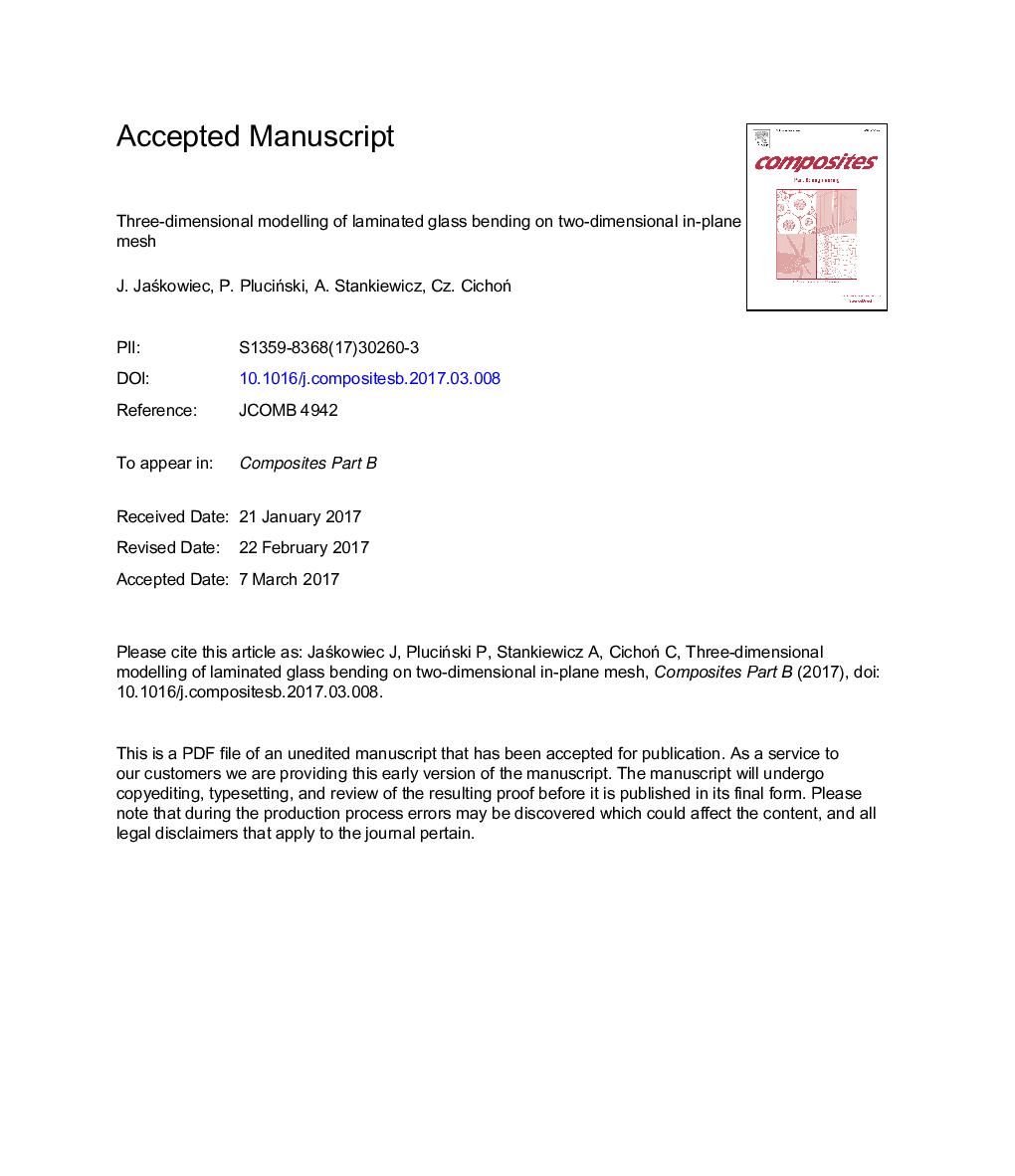 Three-dimensional modelling of laminated glass bending on two-dimensional in-plane mesh