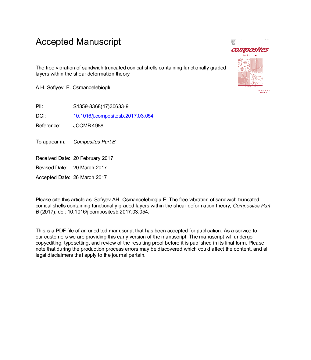 ارتعاش آزاد از پوسته های مخروطی کوتاه ساندویچ شامل لایه های درجه بندی شده عملکردی در تئوری تغییر شکل پذیری برشی 