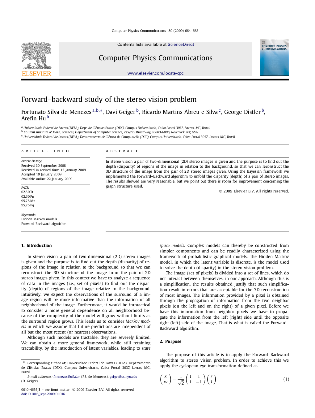 Forward–backward study of the stereo vision problem