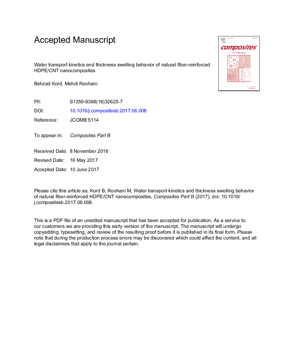 Water transport kinetics and thickness swelling behavior of natural fiber-reinforced HDPE/CNT nanocomposites