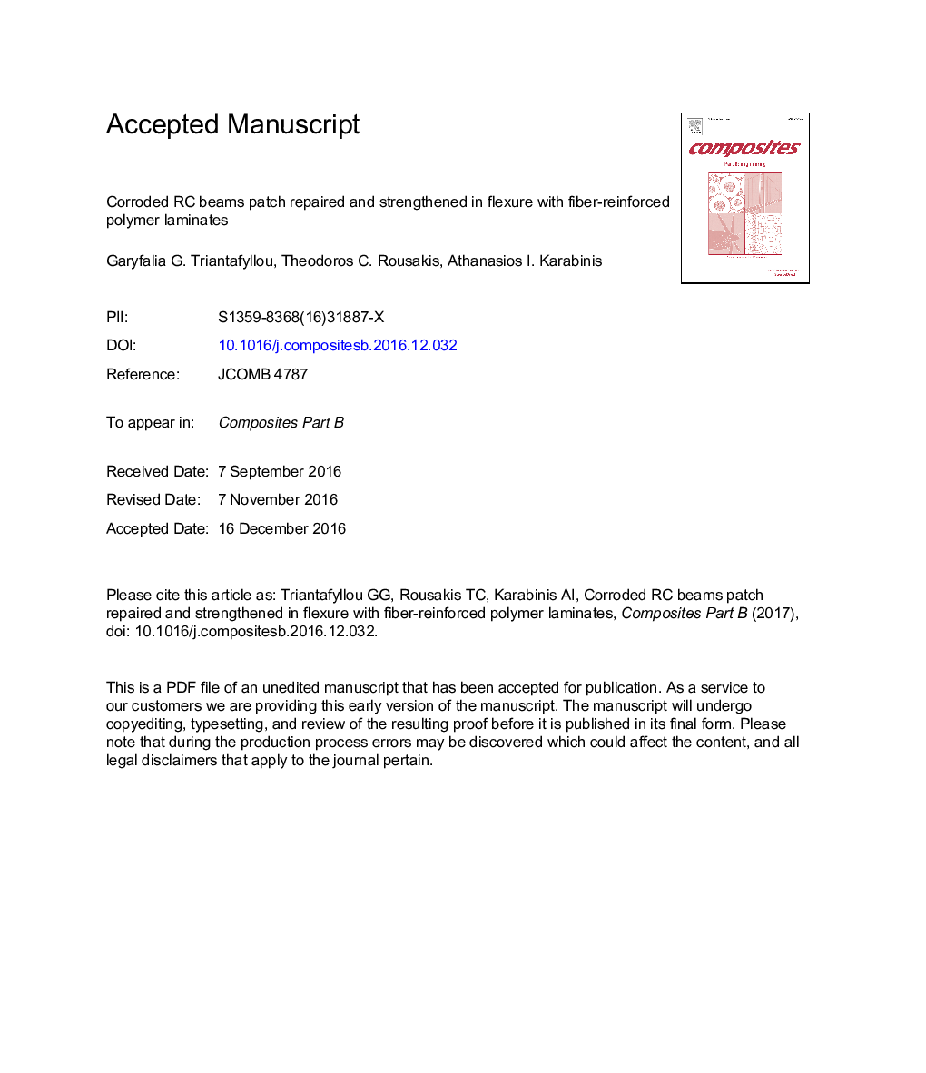 Corroded RC beams patch repaired and strengthened in flexure with fiber-reinforced polymer laminates