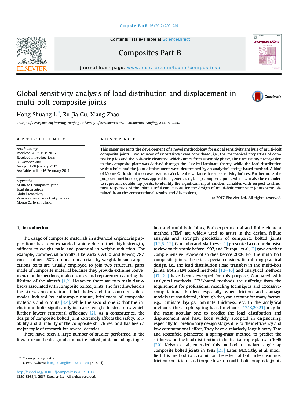 Global sensitivity analysis of load distribution and displacement in multi-bolt composite joints