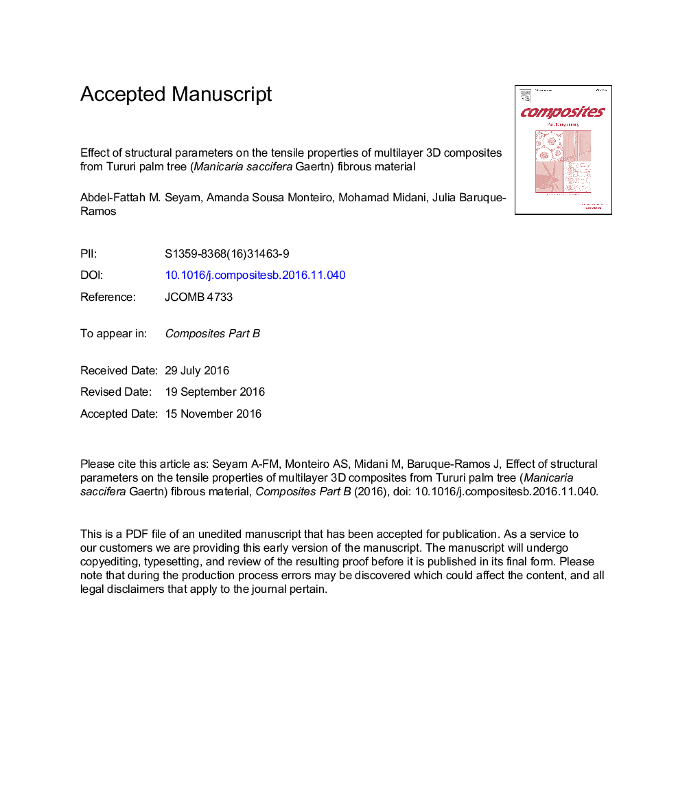 Effect of structural parameters on the tensile properties of multilayer 3D composites from Tururi palm tree (Manicaria saccifera Gaertn) fibrous material