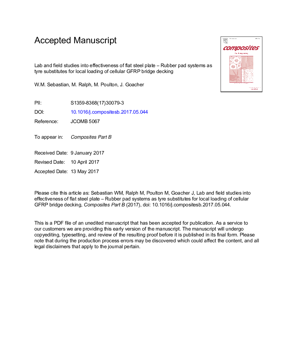 Lab and field studies into effectiveness of flat steel plate - rubber pad systems as tyre substitutes for local loading of cellular GFRP bridge decking