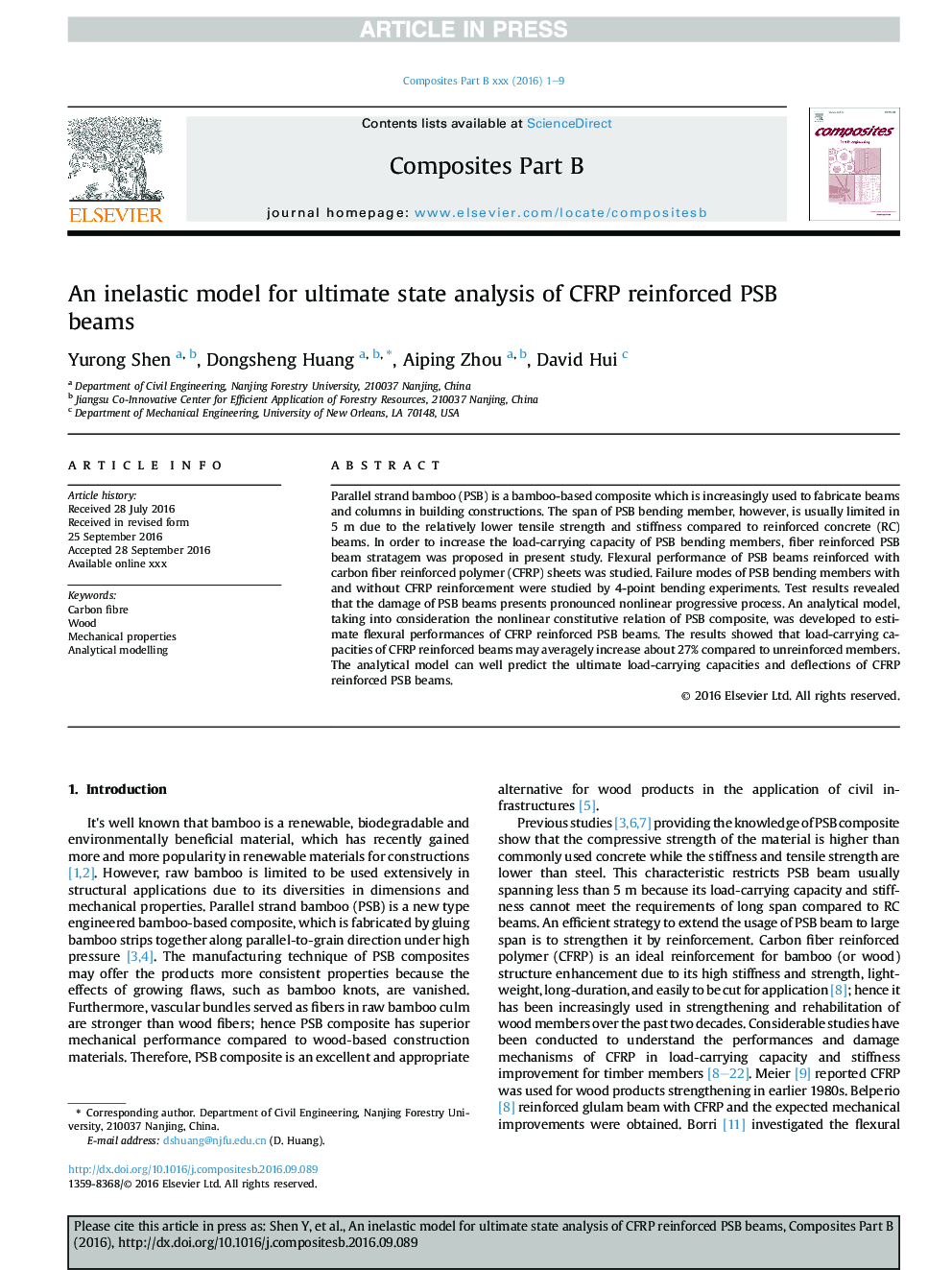 An inelastic model for ultimate state analysis of CFRP reinforced PSB beams