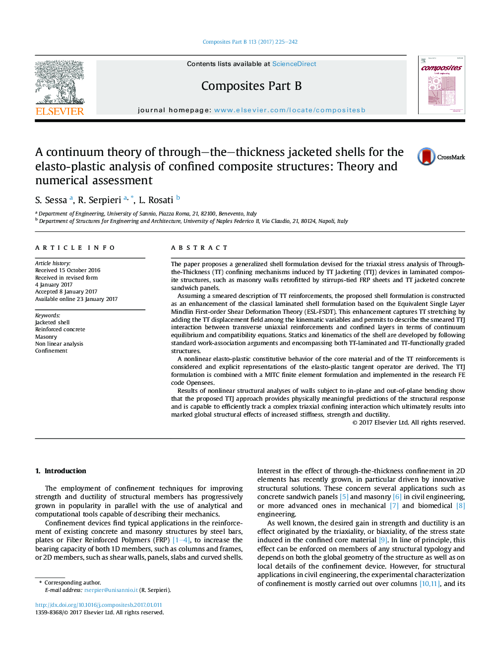 A continuum theory of through-the-thickness jacketed shells for the elasto-plastic analysis of confined composite structures: Theory and numerical assessment