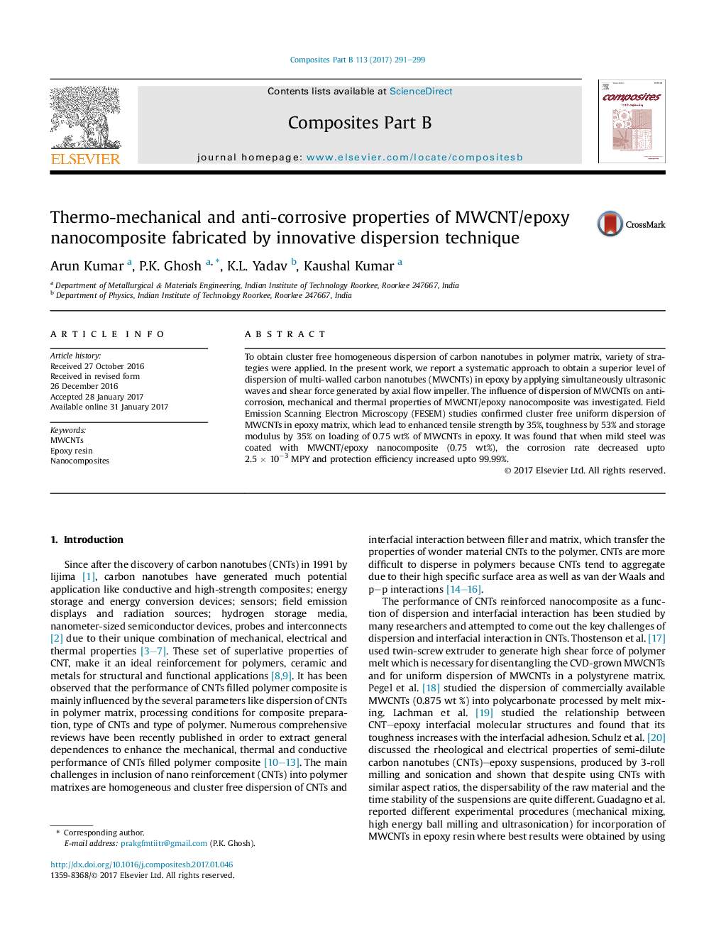 Thermo-mechanical and anti-corrosive properties of MWCNT/epoxy nanocomposite fabricated by innovative dispersion technique