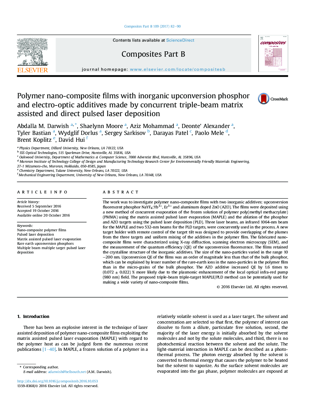 Polymer nano-composite films with inorganic upconversion phosphor and electro-optic additives made by concurrent triple-beam matrix assisted and direct pulsed laser deposition