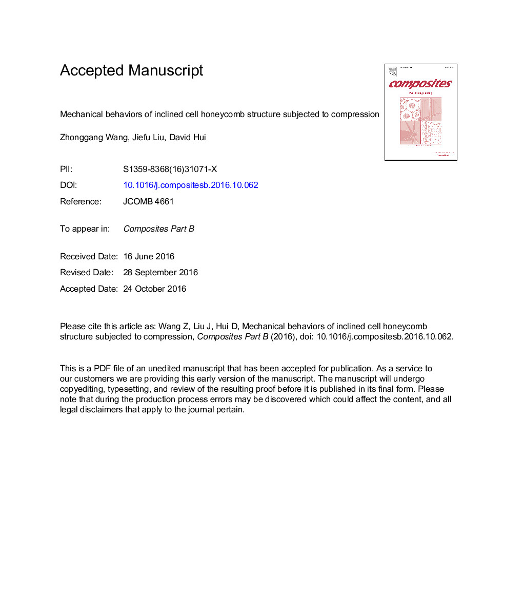 Mechanical behaviors of inclined cell honeycomb structure subjected to compression