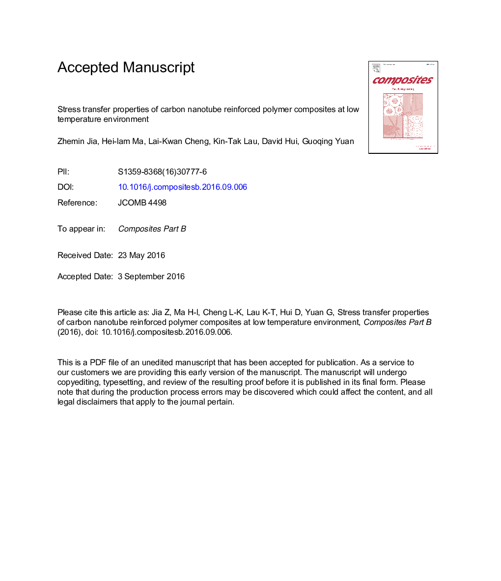 Stress transfer properties of carbon nanotube reinforced polymer composites at low temperature environments