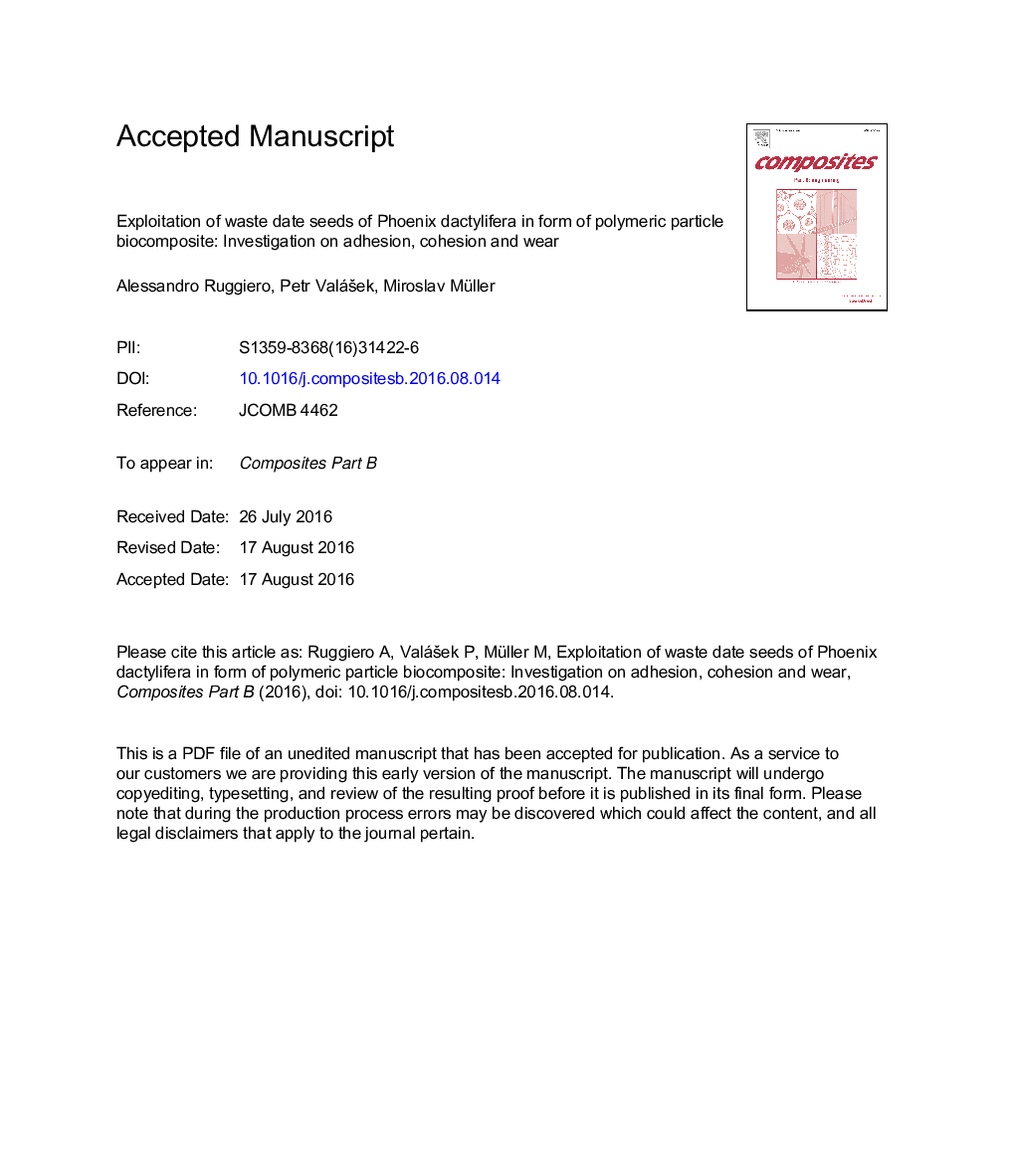 Exploitation of waste date seeds of Phoenix dactylifera in form of polymeric particle biocomposite: Investigation on adhesion, cohesion and wear