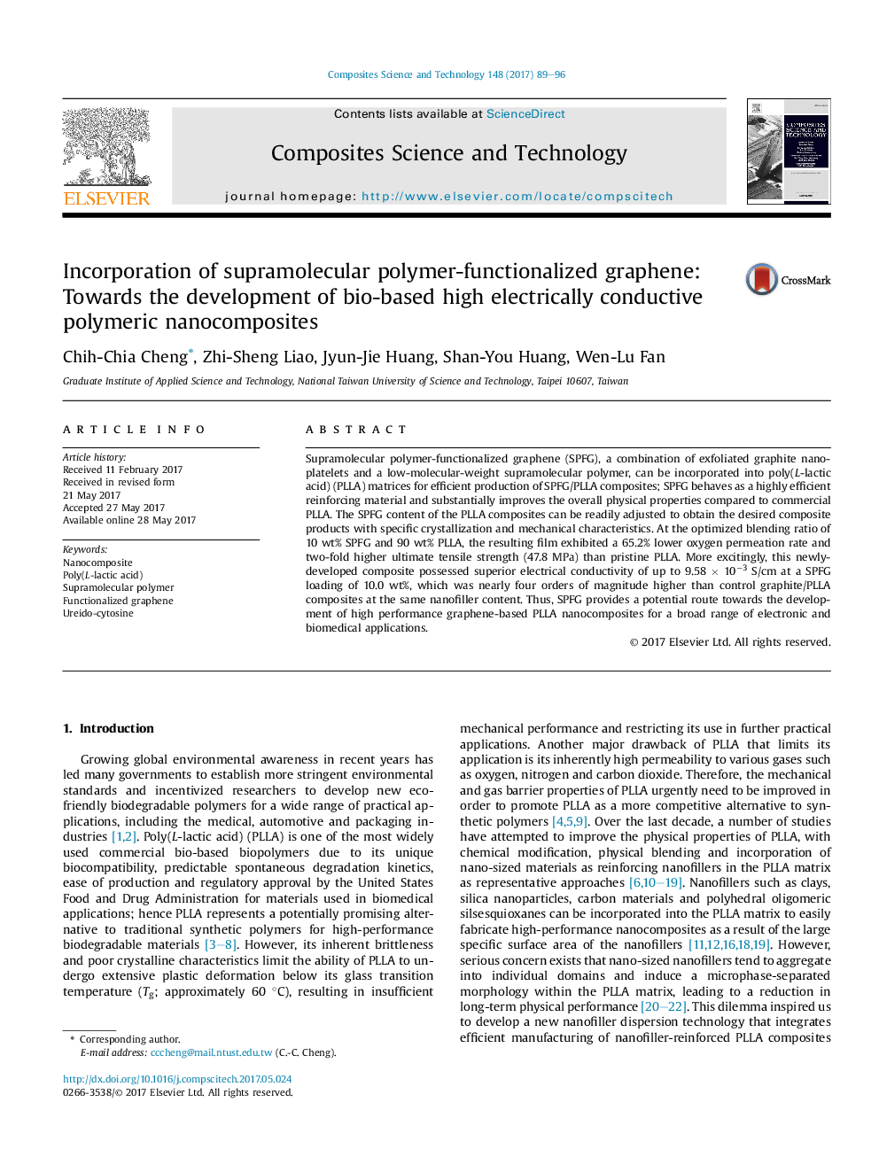 Incorporation of supramolecular polymer-functionalized graphene: Towards the development of bio-based high electrically conductive polymeric nanocomposites