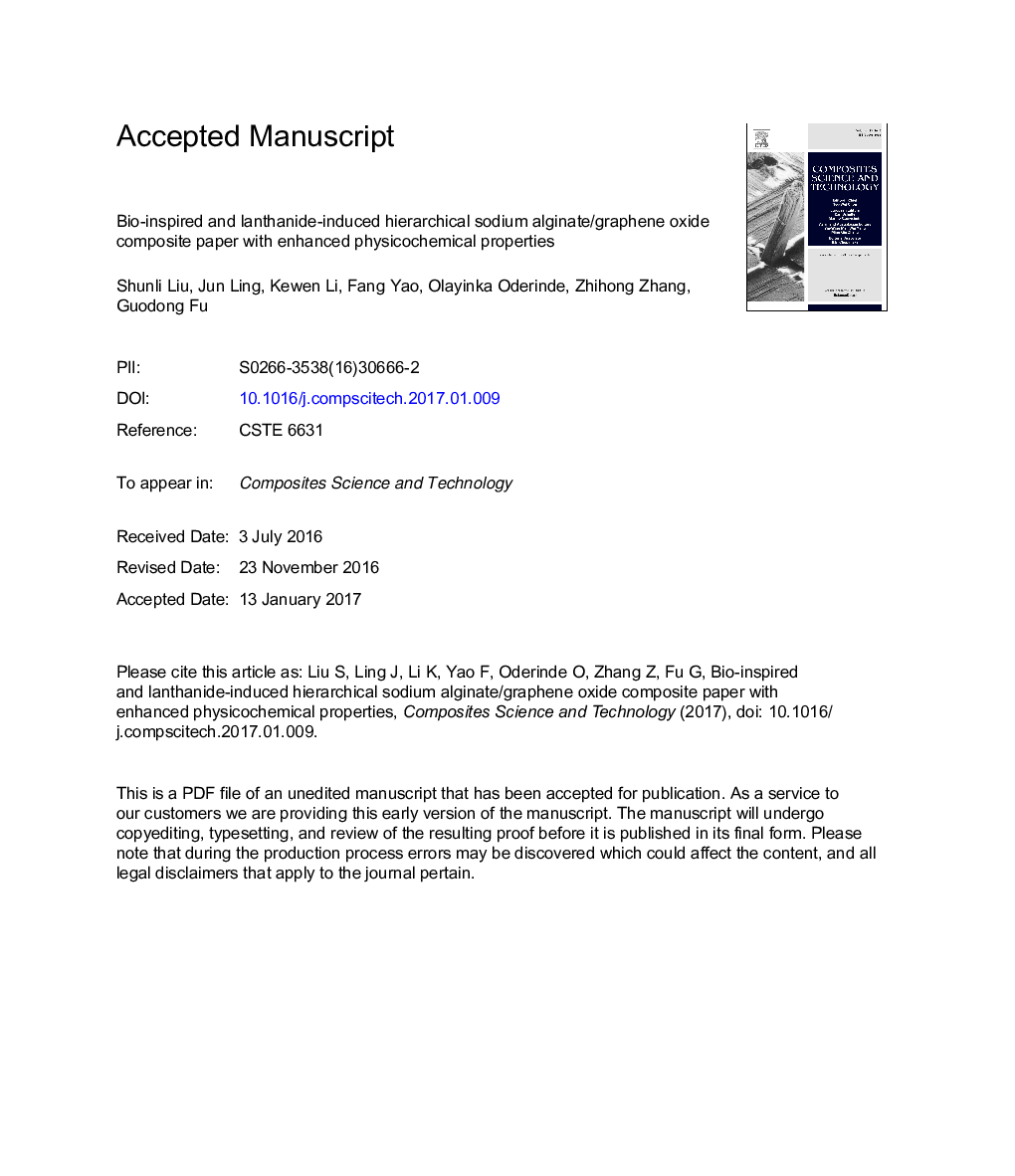 Bio-inspired and lanthanide-induced hierarchical sodium alginate/graphene oxide composite paper with enhanced physicochemical properties