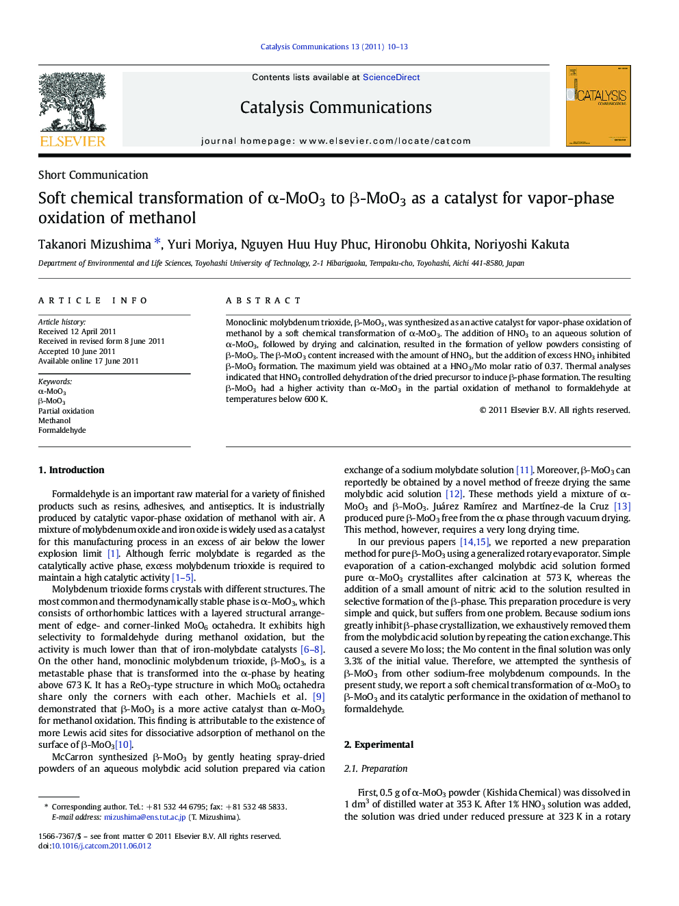 Soft chemical transformation of α-MoO3 to β-MoO3 as a catalyst for vapor-phase oxidation of methanol