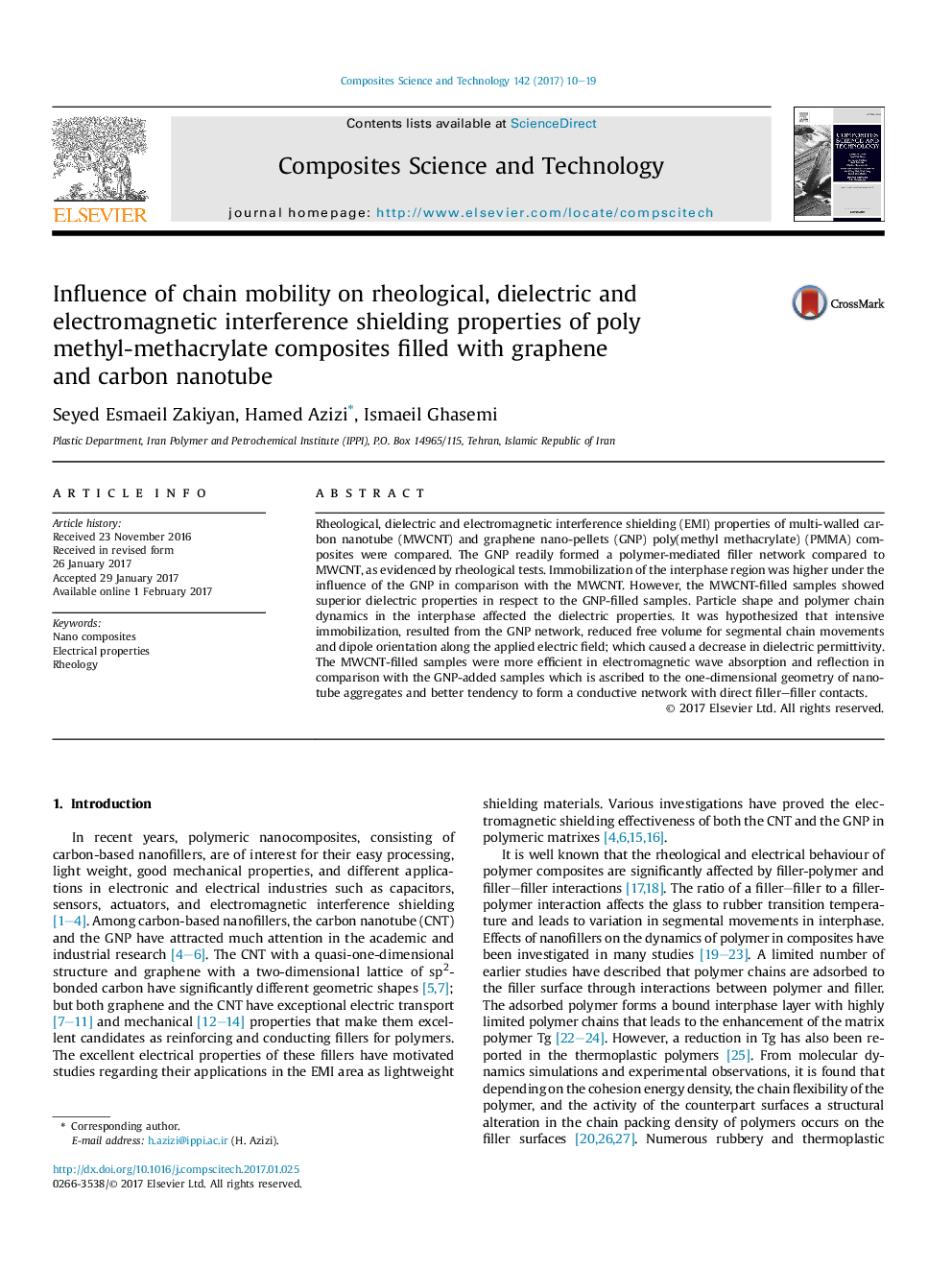 Influence of chain mobility on rheological, dielectric and electromagnetic interference shielding properties of poly methyl-methacrylate composites filled with graphene andÂ carbonÂ nanotube