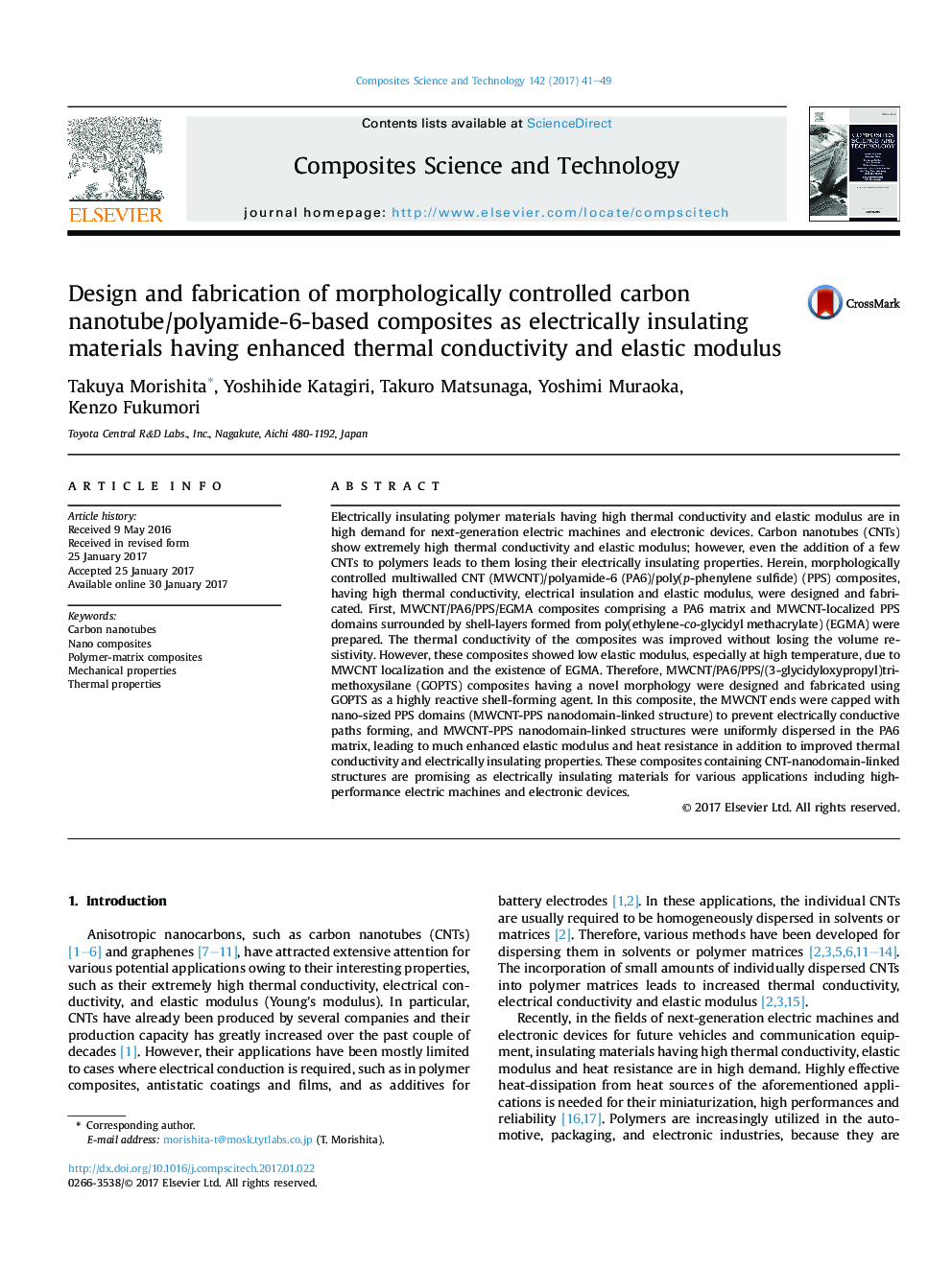 Design and fabrication of morphologically controlled carbon nanotube/polyamide-6-based composites as electrically insulating materials having enhanced thermal conductivity and elastic modulus