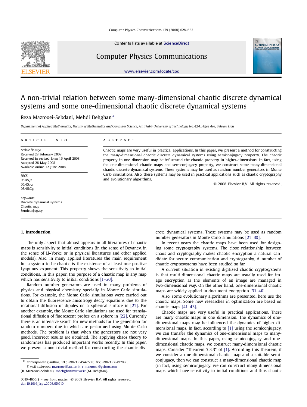 عکس صفحه اول مقاله: A non-trivial relation between some many-dimensional chaotic discrete dynamical systems and some one-dimensional chaotic discrete dynamical systems A non-trivial relation between some many-dimensional chaotic discrete dynamical systems and some one-dimensional chaotic discrete dynamical systems
