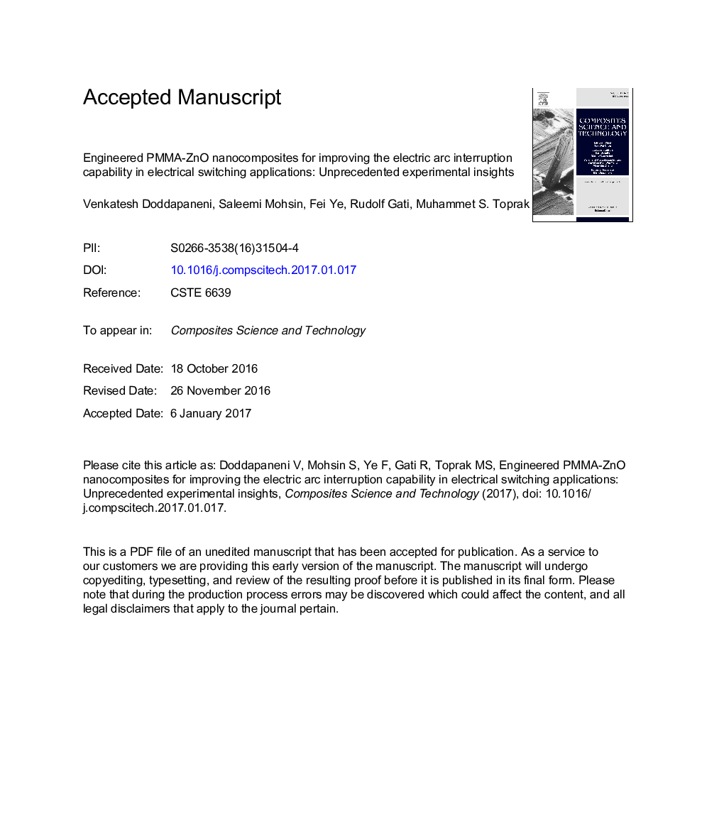 Engineered PMMA-ZnO nanocomposites for improving the electric arc interruption capability in electrical switching applications: Unprecedented experimental insights