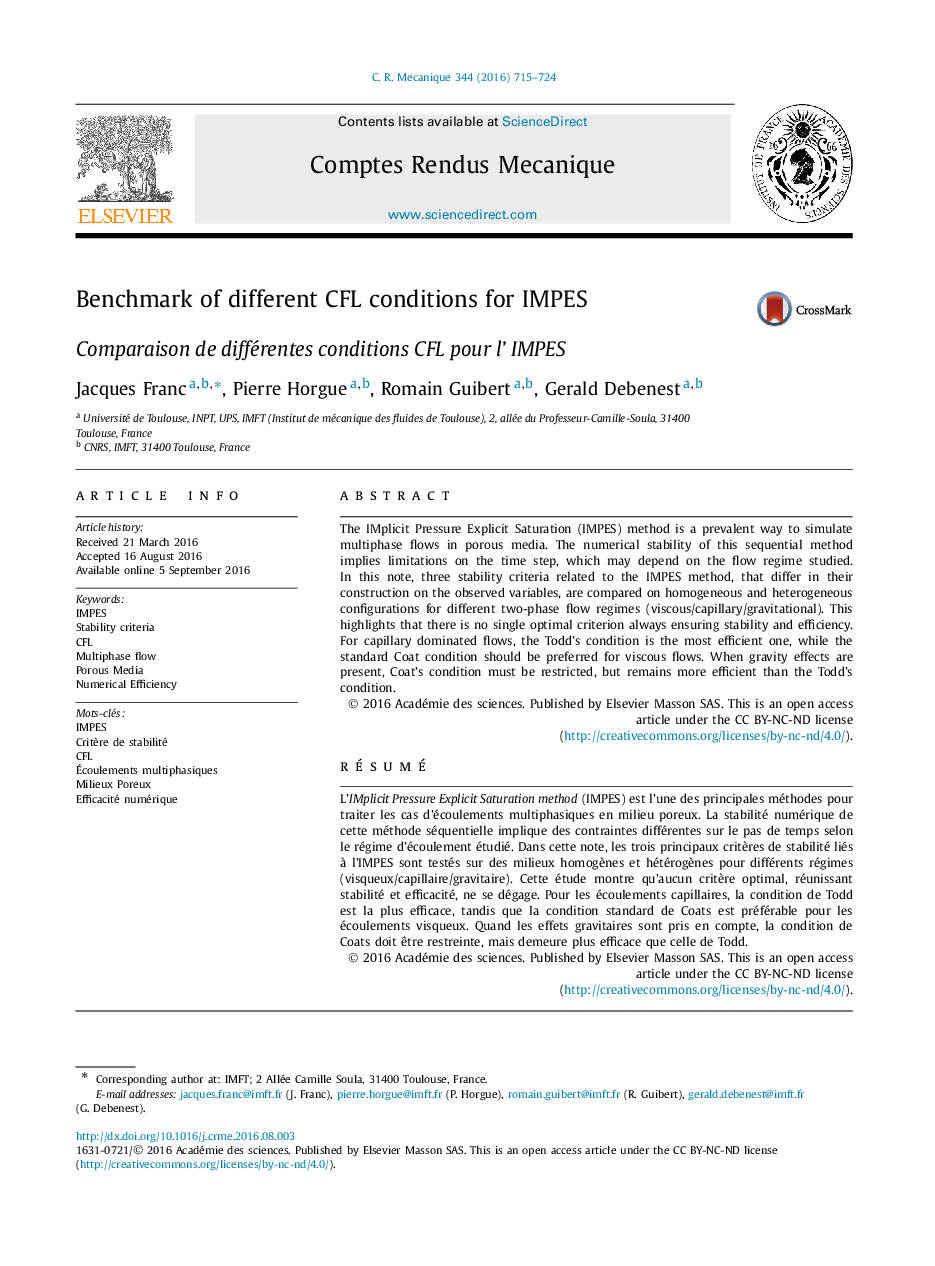 عکس صفحه اول مقاله: Benchmark of different CFL conditions for IMPES Benchmark of different CFL conditions for IMPES