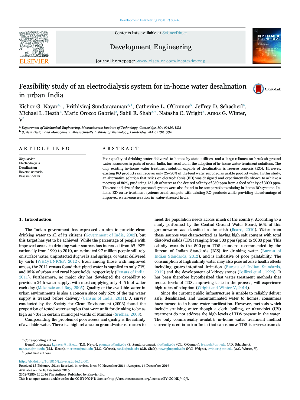 Feasibility study of an electrodialysis system for in-home water desalination in urban India