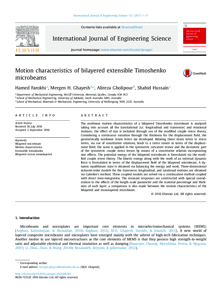 Motion characteristics of bilayered extensible Timoshenko microbeams