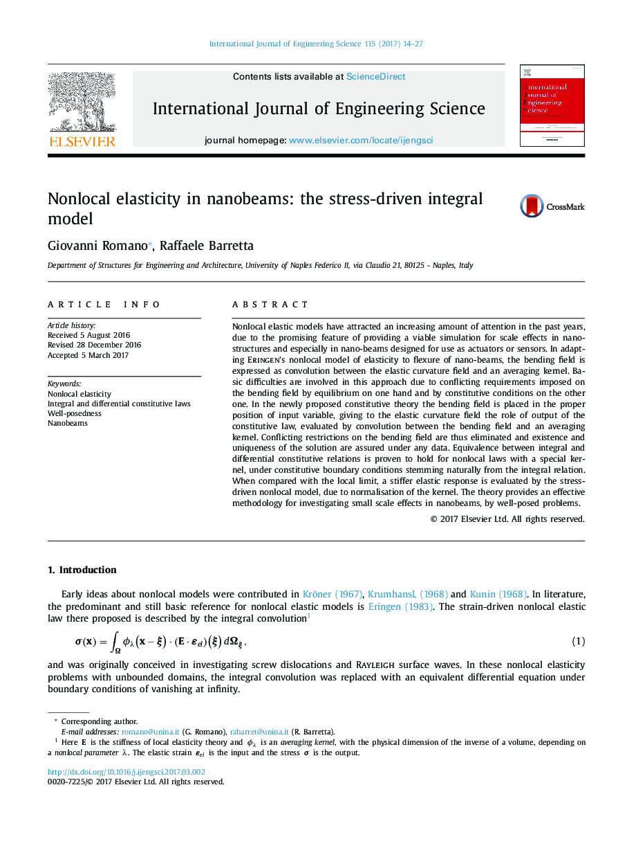 Nonlocal elasticity in nanobeams: the stress-driven integral model