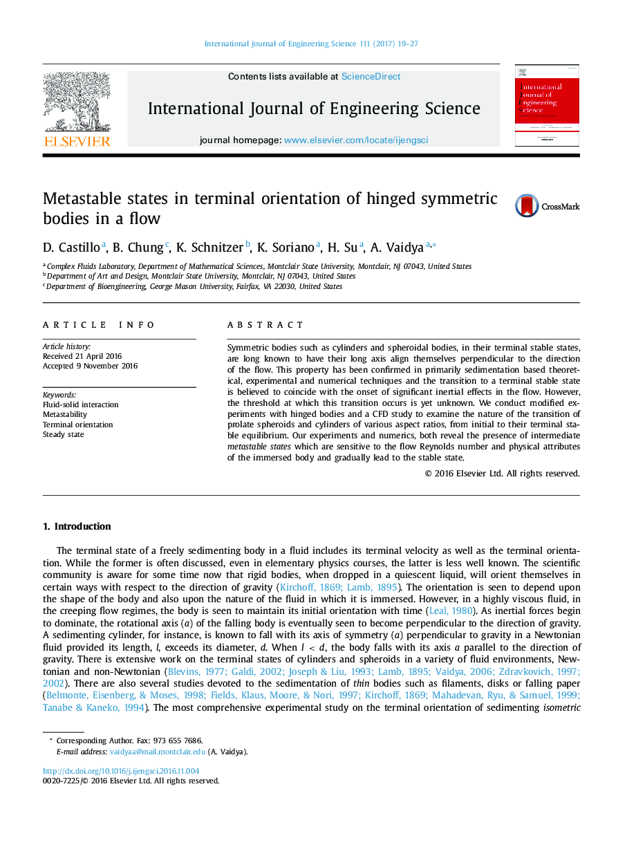 Metastable states in terminal orientation of hinged symmetric bodies in a flow