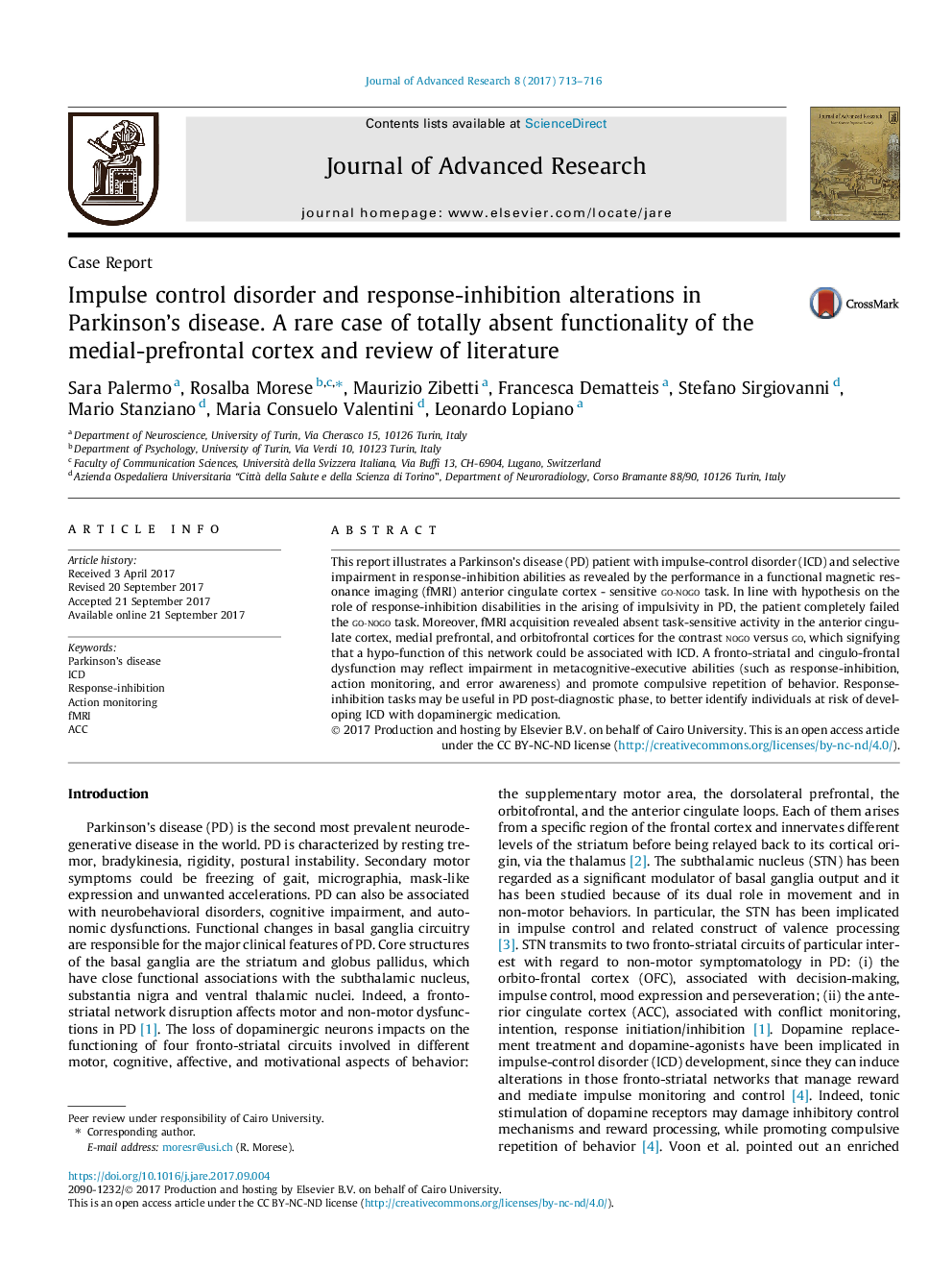 Impulse control disorder and response-inhibition alterations in Parkinson's disease. A rare case of totally absent functionality of the medial-prefrontal cortex and review of literature