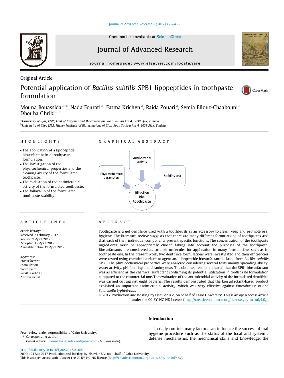 Potential application of Bacillus subtilis SPB1 lipopeptides in toothpaste formulation